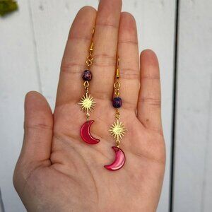 Gold Sun & Pink Moon Dangle Earrings With Colorful Gemstone Bead Celestial Boho